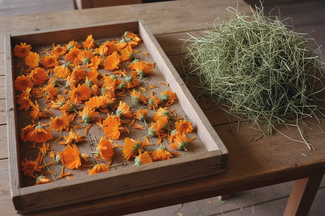 Flores de caléndula secándose en una bandeja junto a un puñado de heno