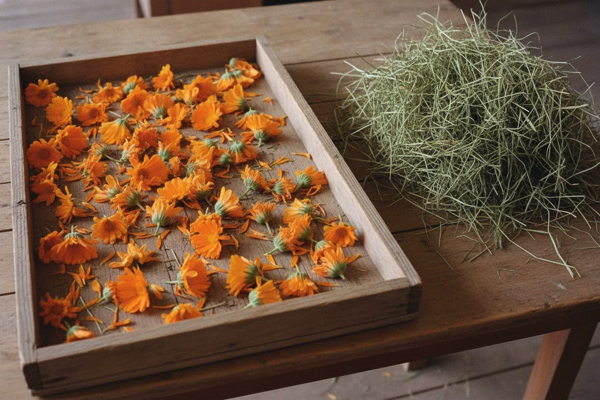 Flores de caléndula secándose en una bandeja junto a un puñado de heno