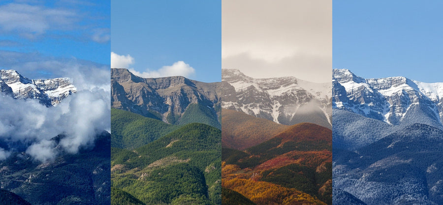 El mismo pico del Pirineo en las cuatro estaciones: entre nubes en primavera, despejado en verano, con follaje dorado en otoño y nevado en invierno