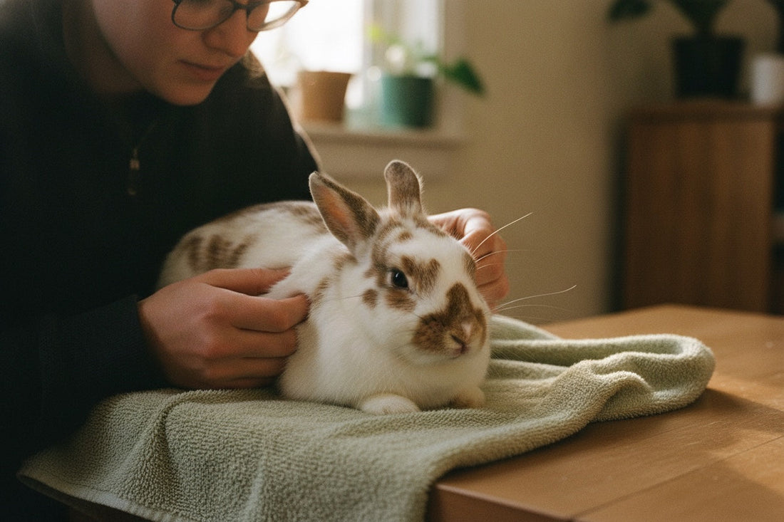 Manos revisando con cuidado a un conejo tranquilo en casa