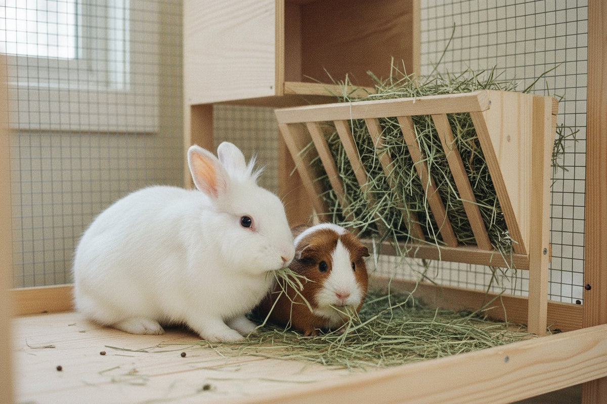 Conejo y cobaya comiendo heno de un comedero de madera