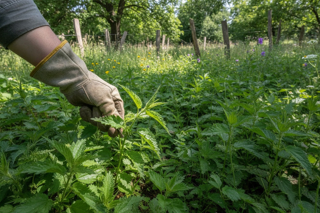 Ortiga fresca creciendo en el campo antes de secarse