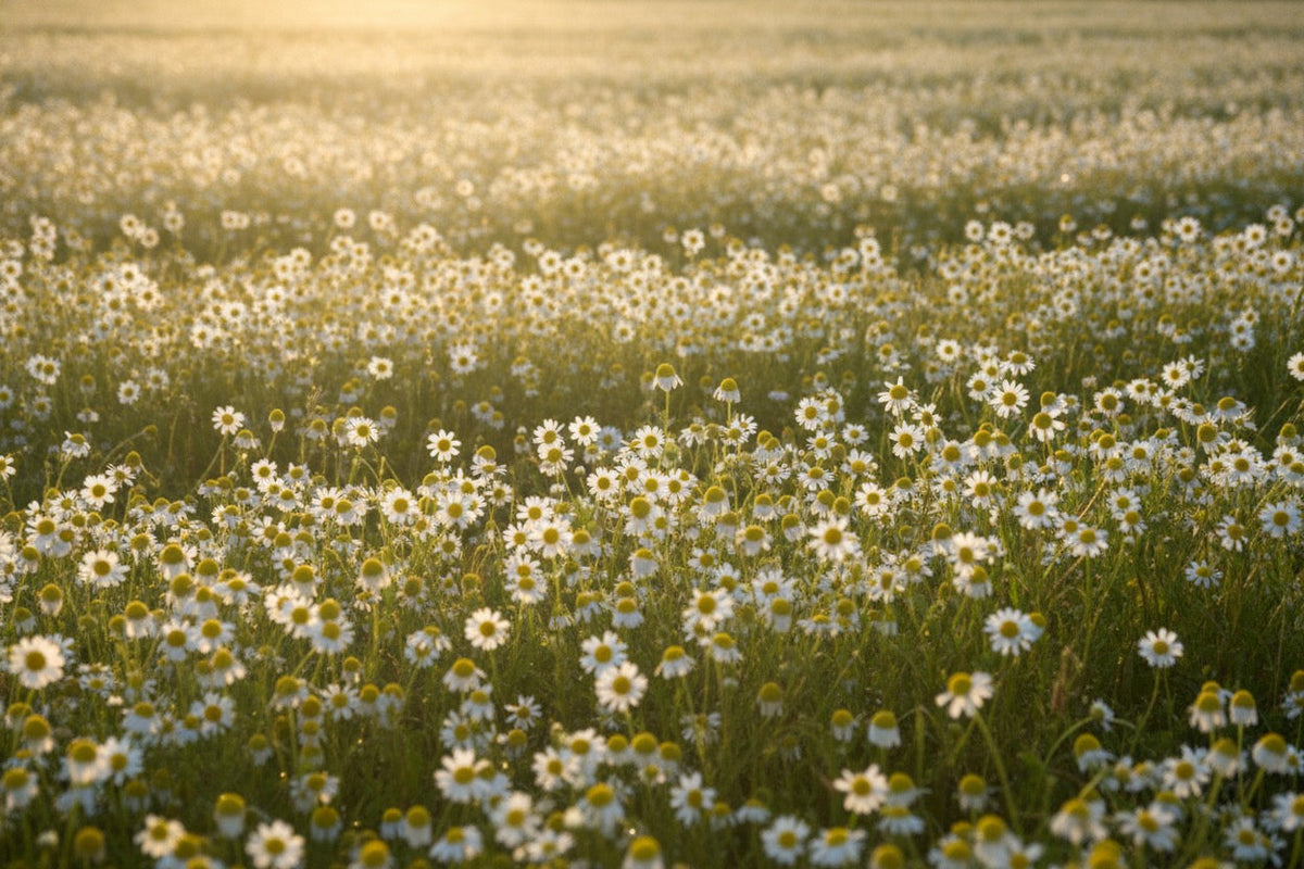 Prado de manzanilla en flor a la luz de la mañana