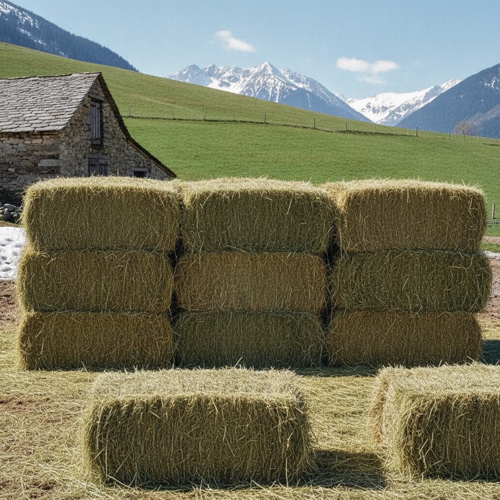 Alpacas de heno de 18/20 kg apiladas en la explotación