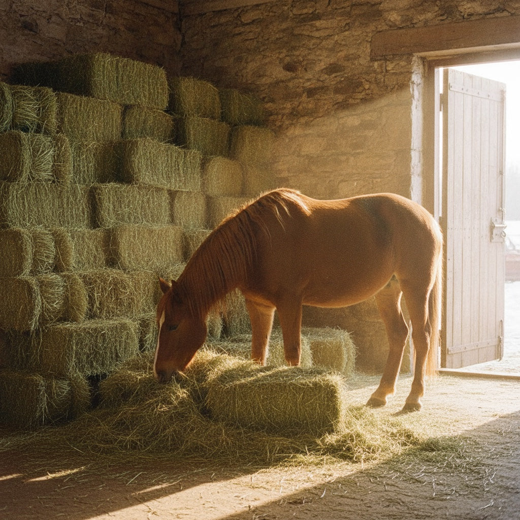 Caballo alimentándose de una alpaca de heno en una cuadra de piedra, con las balas apiladas al fondo