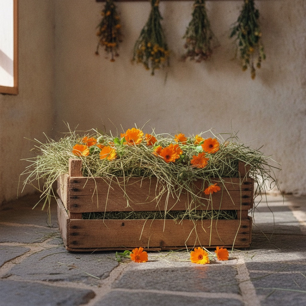 Cajón de madera rebosante de heno y flores de caléndula en una despensa