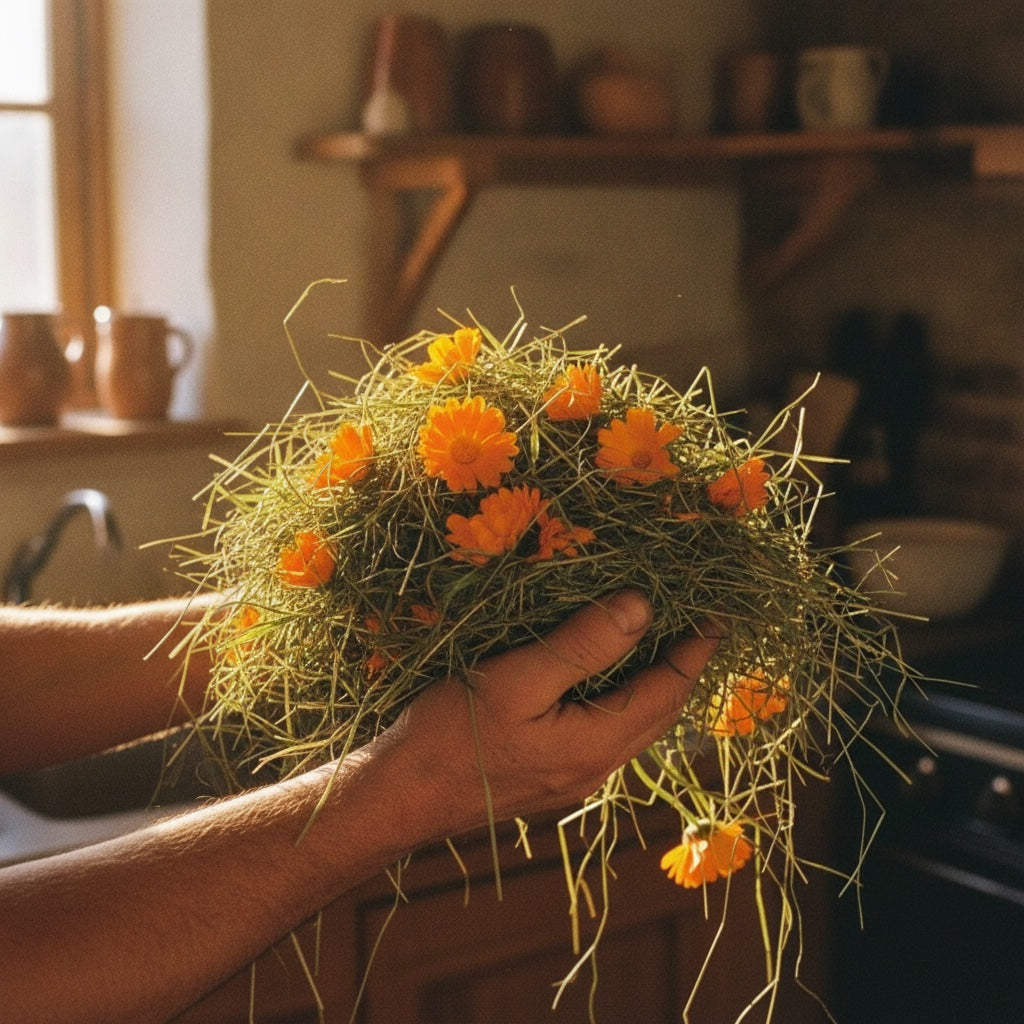 Manos sosteniendo heno con flores de caléndula a contraluz