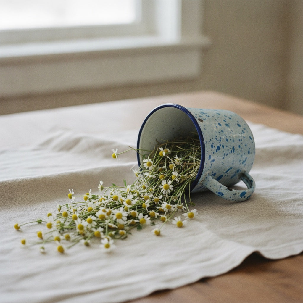 Taza de esmalte volcada derramando heno y flores de manzanilla sobre lino