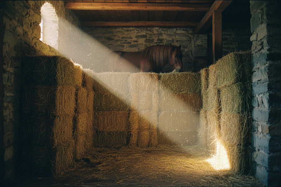 Alpacas de heno apiladas en una cuadra de piedra de montaña