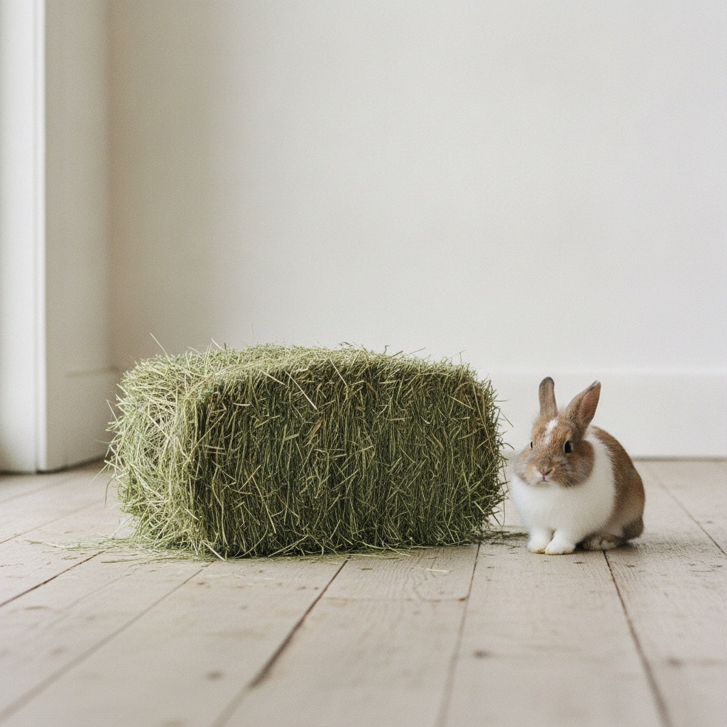 Mini alpaca de 10 kg junto a un conejo, para ver la escala