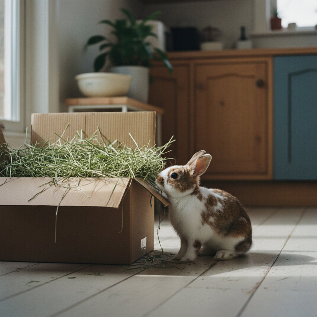Caja de heno abierta en casa con un conejo acercándose