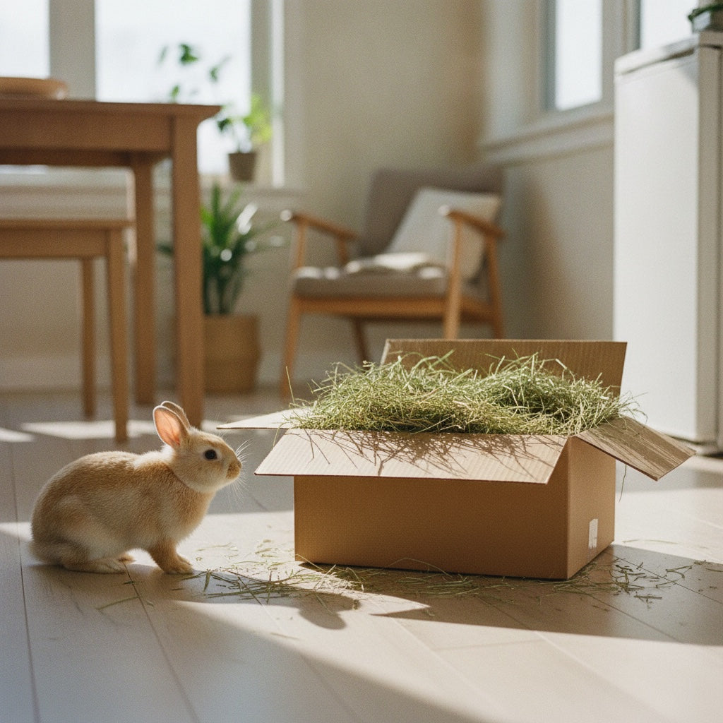 Caja de heno abierta en casa con un conejo acercándose